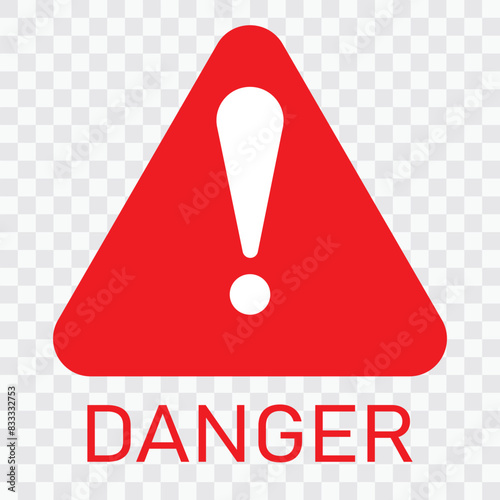 Red Danger icon, Warning Sign, vector. Exclamation  marks, icon,  caution icon for your app, logo, web site design.  Warning symbol, logo  isolated on transparent background. Vector illustration.