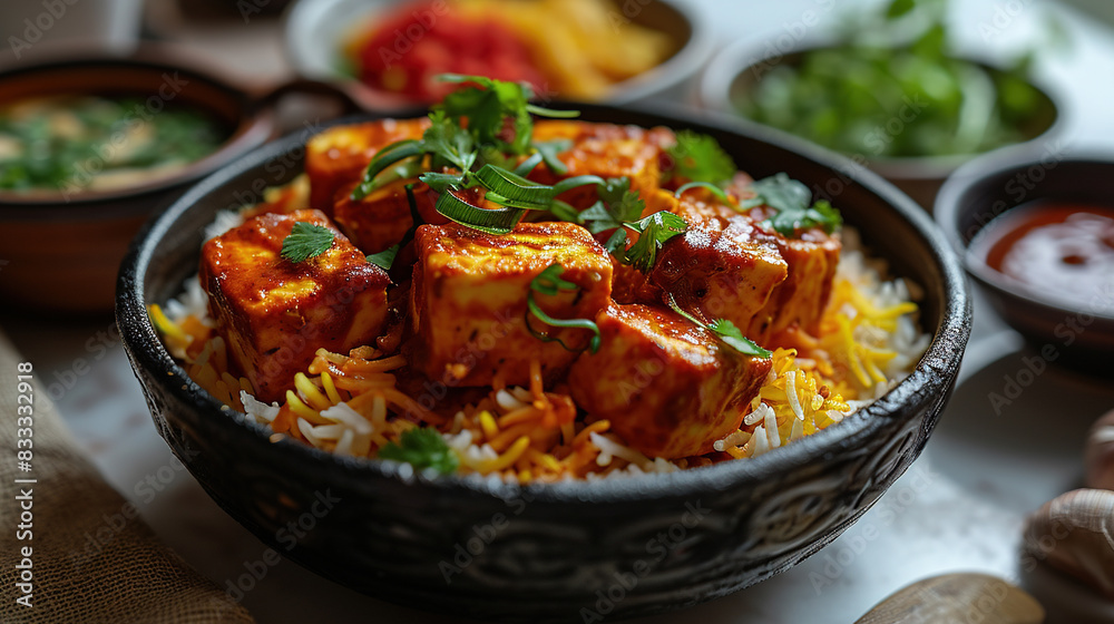 Bowl of Fresh Delicious Paneer Tikka Masala and White Rice Served On Table On Blur Background Bowl of Fresh Delicious Paneer Tikka Masala and White Rice Served On Table On Blur Background