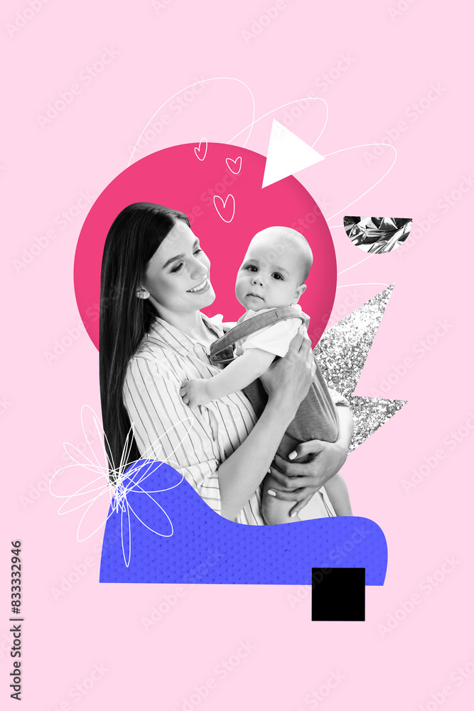 Φωτογραφία Creative poster banner collage girl mother hold hug warm her baby son on pink pa
