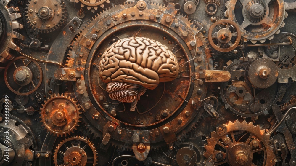 The image is illustration of a brain inside a mechanical contraption.