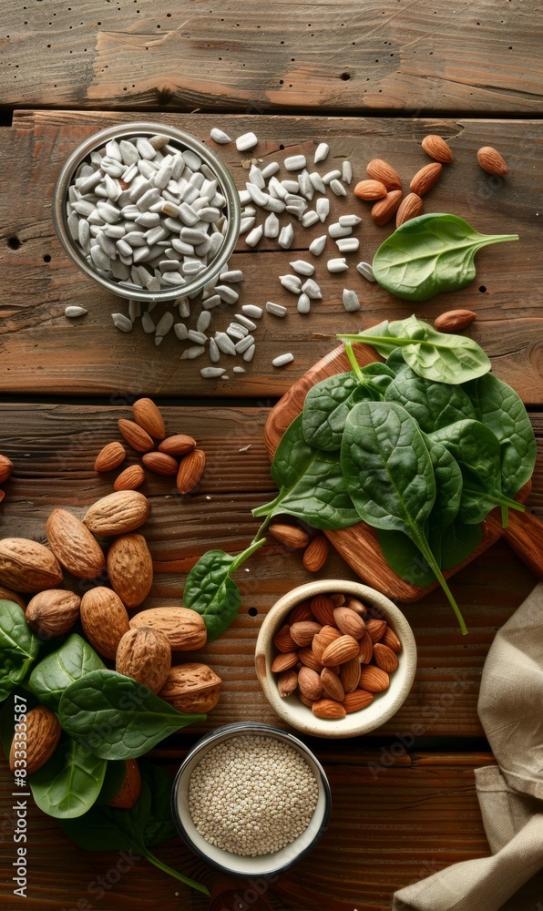 A healthy breakfast that includes foods rich in vitamin E, such as almonds, spinach, and sunflower seeds. A healthy breakfast that includes foods rich in vitamin E, such as almonds, spinach, and sunflower seeds.