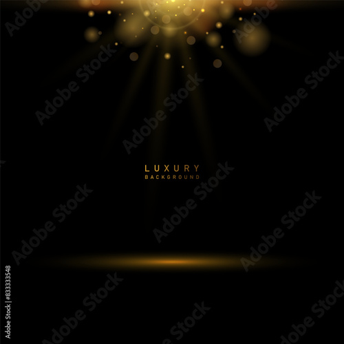 Abstract luxury simple background in black backdrop. Shiny gold glitter with light ray for product place. Vector illustration background