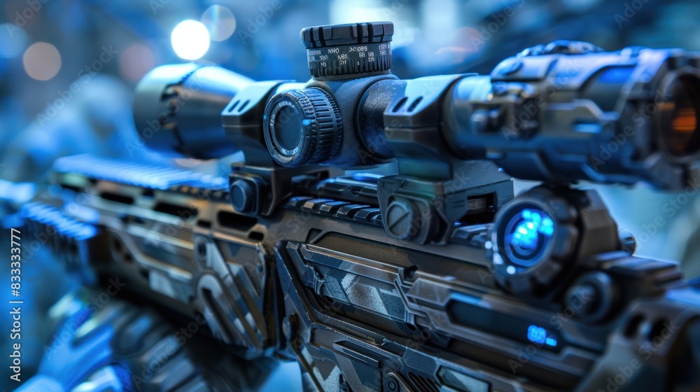 a soldier's high-tech weapon with holographic targeting systems and energy cells a soldier's high-tech weapon with holographic targeting systems and energy cells