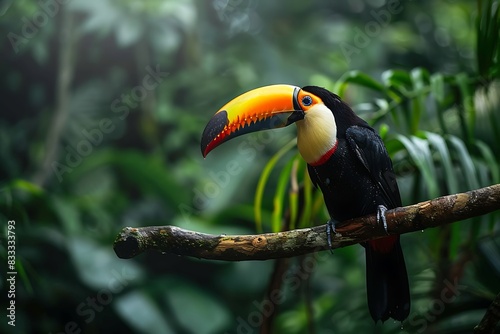 A colorful toucan perched on a branch  its oversized beak and bright plumage making it a captivating sight in the tropical rainforest.