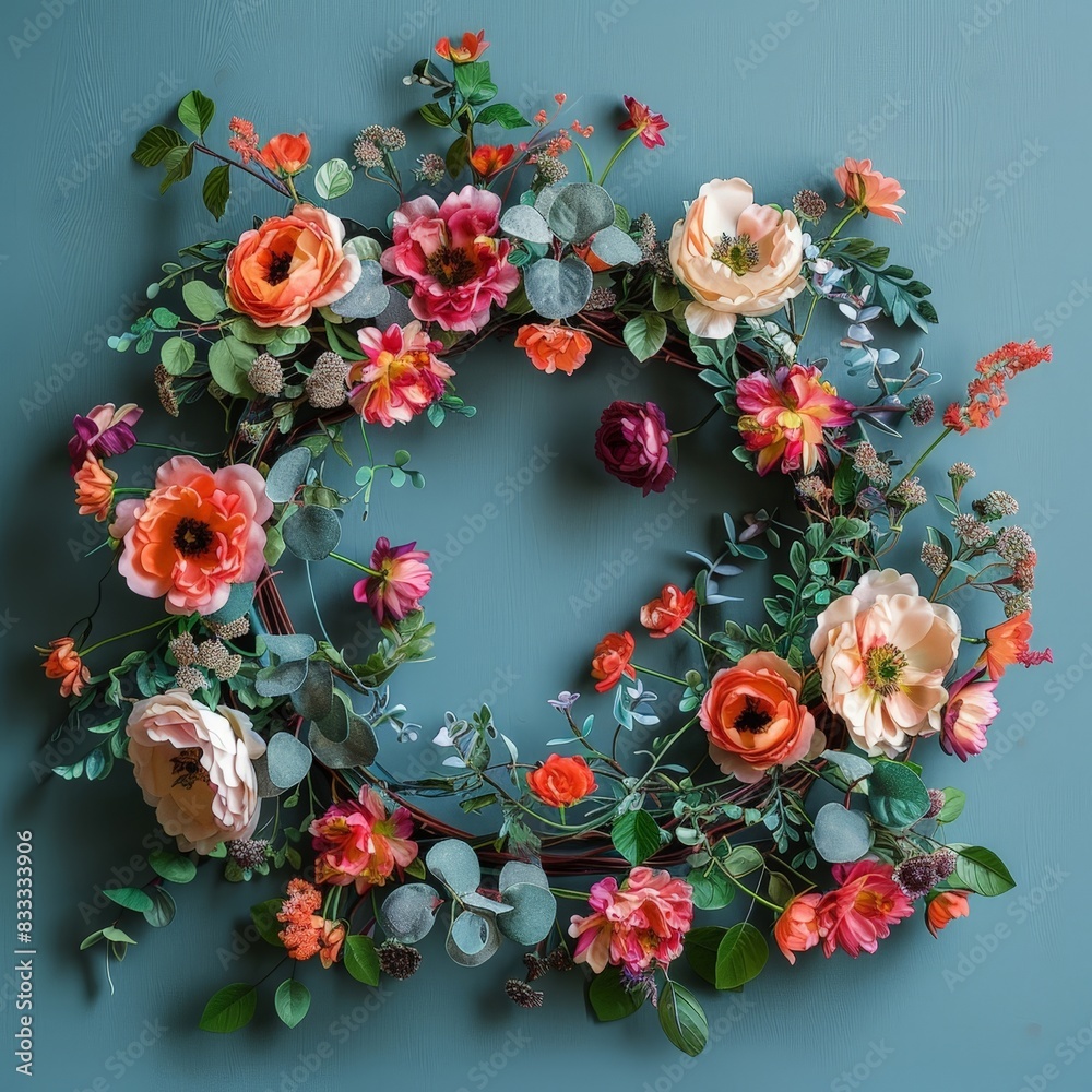 Vibrant floral wreath on teal background Vibrant floral wreath on teal background