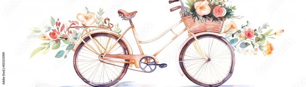 watercolor drawing of bicycle with flowers in basket