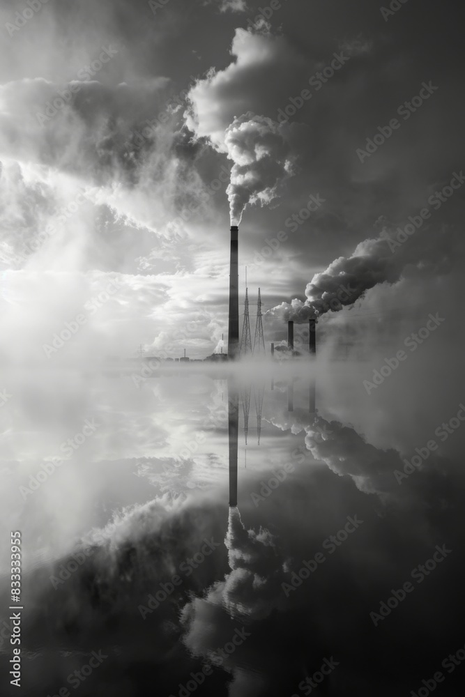 Black and white image of smokestacks emitting clouds of smoke, reflected perfectly in a calm body of water, under a dramatic sky Black and white image of smokestacks emitting clouds of smoke, reflected perfectly in a calm body of water, under a dramatic sky