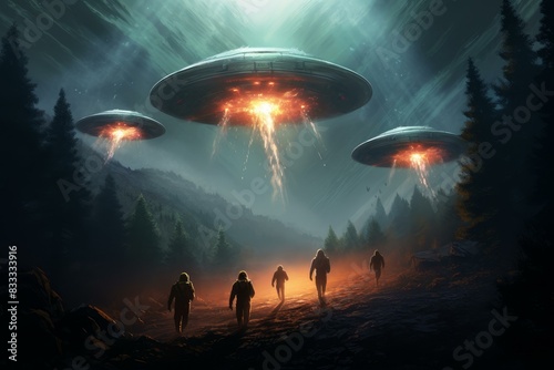Silhouetted people escaping as ufos descend with beams on a forest path at night photo