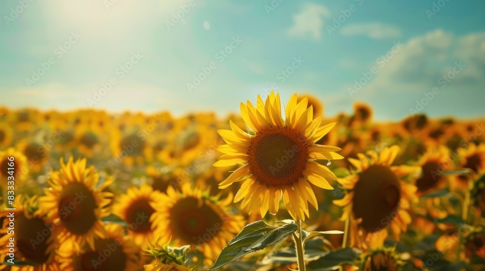 Obraz premium A field of sunflowers under a bright blue sky, showcasing the beauty of agricultural landscapes in full bloom