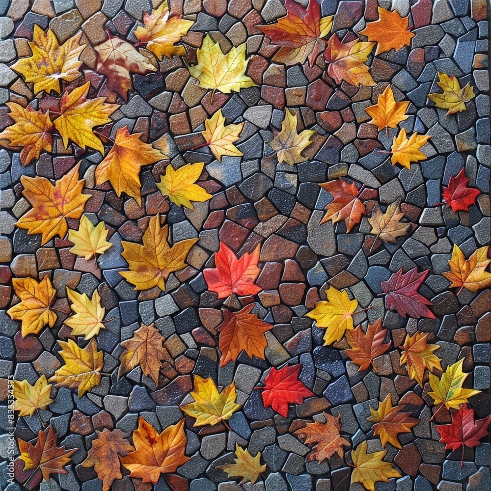 Autumn leaves on a mosaic stone floor Autumn leaves on a mosaic stone floor