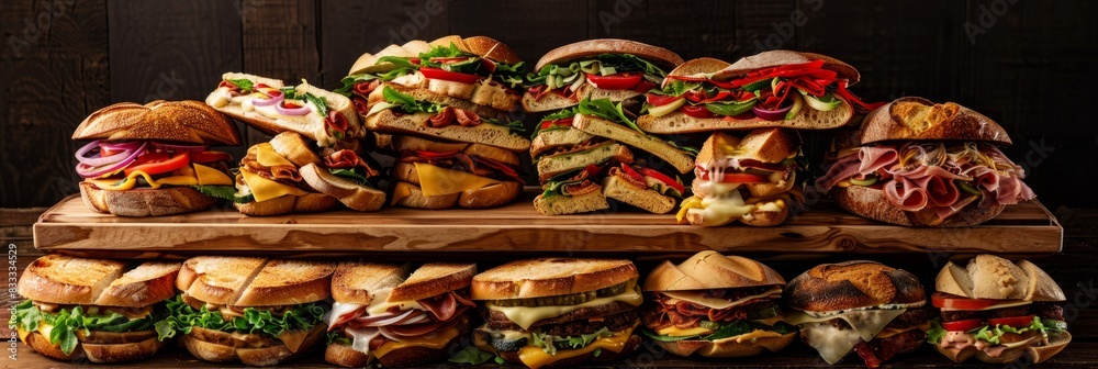 A pile of sandwiches stacked on a wooden table, showcasing abundance and variety