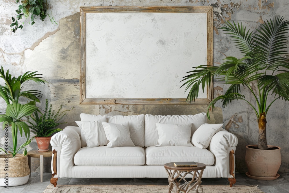 mockup of modern living room with blank wooden frame on the wall, white sofa and plants near it, front view. mockup of modern living room with blank wooden frame on the wall, white sofa and plants near it, front view.