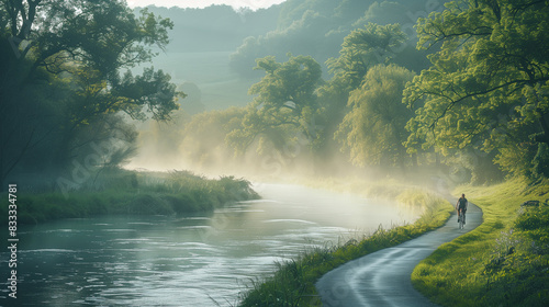 Winding river path with cyclists in the early morning mist  surrounded by lush greenery and bathed in soft  diffused light.
