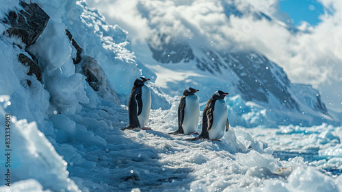A Contemporary Animals of Penguins Waddling On Ice Floe On Blurry Background