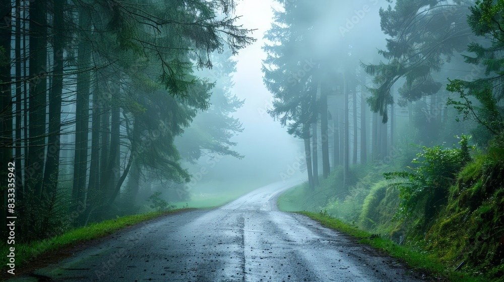 Obraz premium The foggy forest road shrouded in mist, with tall trees on both sides, creating a mysterious and serene environment for a morning walk or drive.