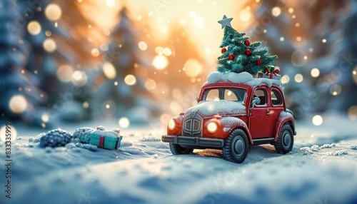 Toy car carrying Christmas tree and gifts, Christmas decoration in snow, winter park scenery, holiday season ambiance, festive atmosphere, snowy landscape, seasonal decor, holiday ornaments.