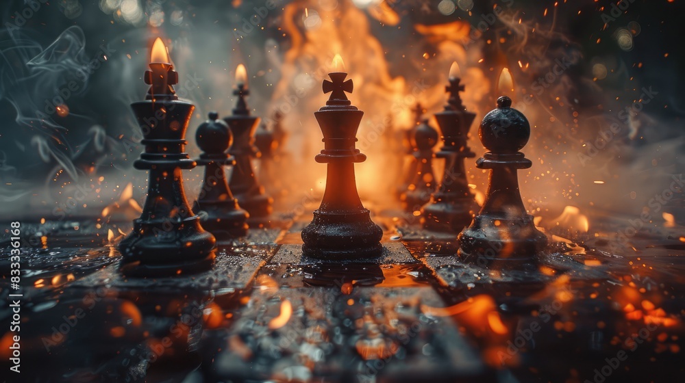 Φωτογραφία Dramatic Clash: A Cinematic Snapshot of a Chess Game on a Burning Chessboard, Highlighting the Intensity and Strategy of Battle with a King on Fire, Checkmate