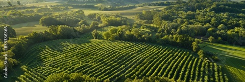 An aerial perspective of a green agroforestry landscape with a variety of trees scattered across a field