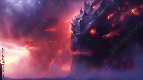 A man stands boldly in front of a massive dragon photo