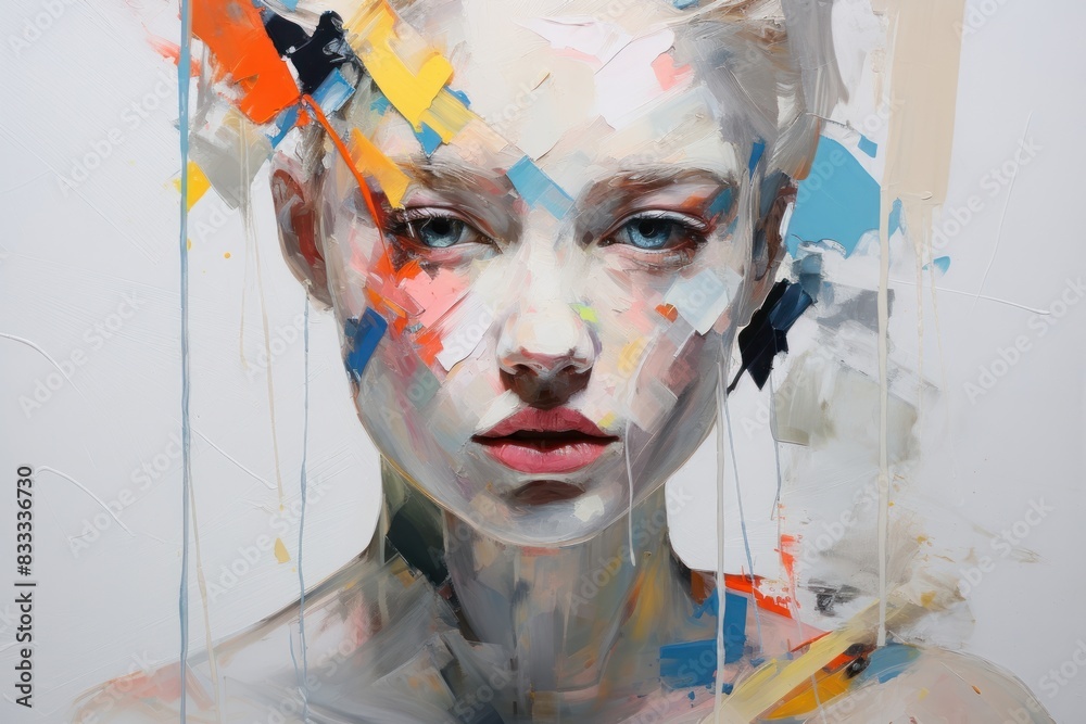 Φωτογραφία Portait female white dress with splash color on face painting art portrait