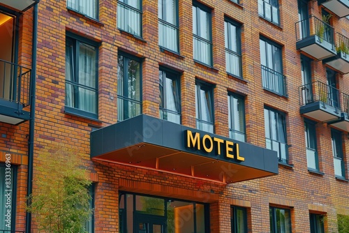 Urban Elegance Meets Functionality  Explore a Modern Motel Building with Striking  MOTEL  Signage  Redefining Roadside Lodging with Contemporary Design.
