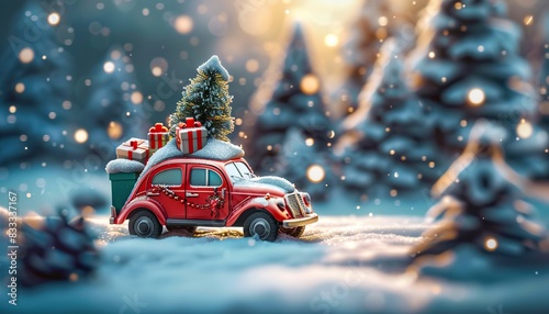 Toy car carrying Christmas tree and gifts, Christmas decoration in snow, winter park scenery, holiday season ambiance, festive atmosphere, snowy landscape, seasonal decor, holiday ornaments.