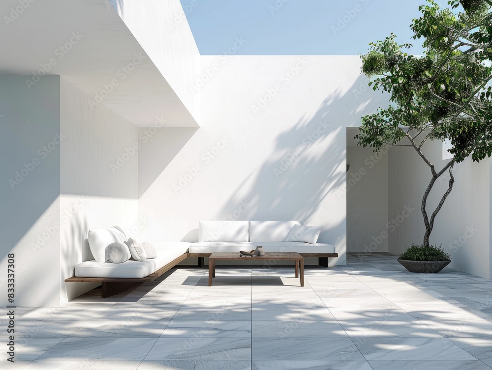 A minimalist, modern veranda focuses on clean lines and a monochromatic color scheme A minimalist, modern veranda focuses on clean lines and a monochromatic color scheme