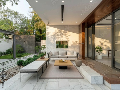 A minimalist  modern veranda focuses on clean lines and a monochromatic color scheme