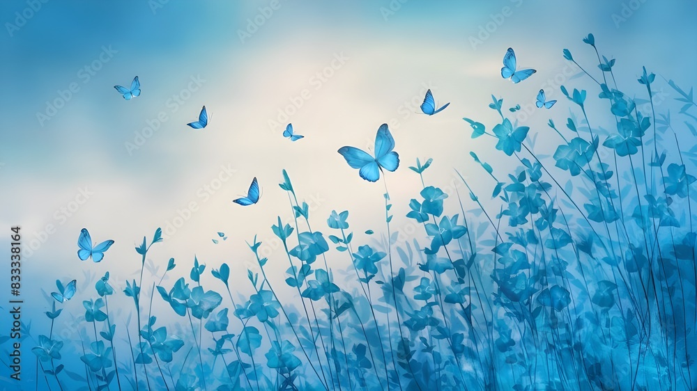 A lush and vibrant backdrop of a blue wall adorned with beautiful blue flowers, their delicate petals shimmering softly A lush and vibrant backdrop of a blue wall adorned with beautiful blue flowers, their delicate petals shimmering softly