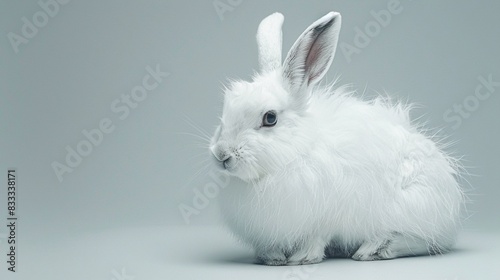 A stunning white Arctic hare, its fluffy coat blending against a transparent backdrop, photographed with unparalleled clarity.