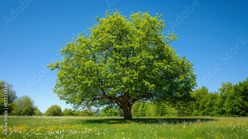 **A large green tree stands in the center of an open field, surrounded by dandelions and grass under a clear blue sky. The tree is full of lush leaves that cover its trunk, giving it a strong sense 