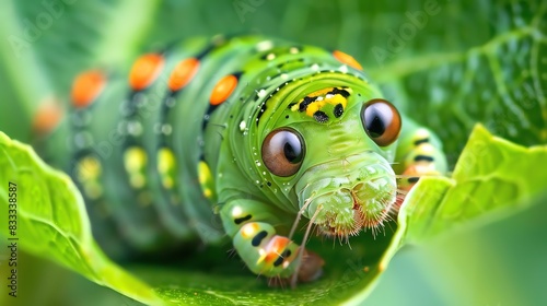 A beautiful green caterpillar sits on a leaf, its big eyes looking out at the world. © Galib