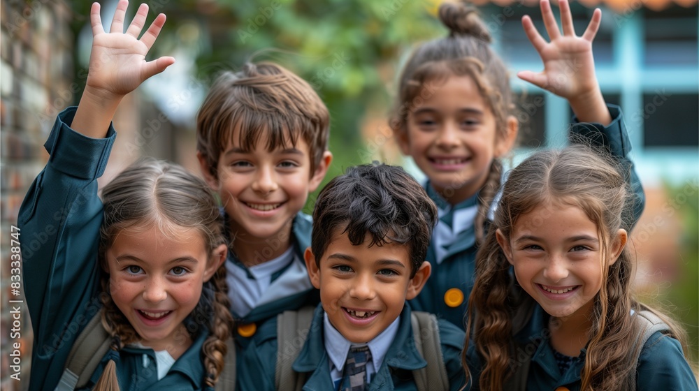 A group of childhood school friends gathered together to wave and greet each other happily in school. A group of childhood school friends gathered together to wave and greet each other happily in school.
