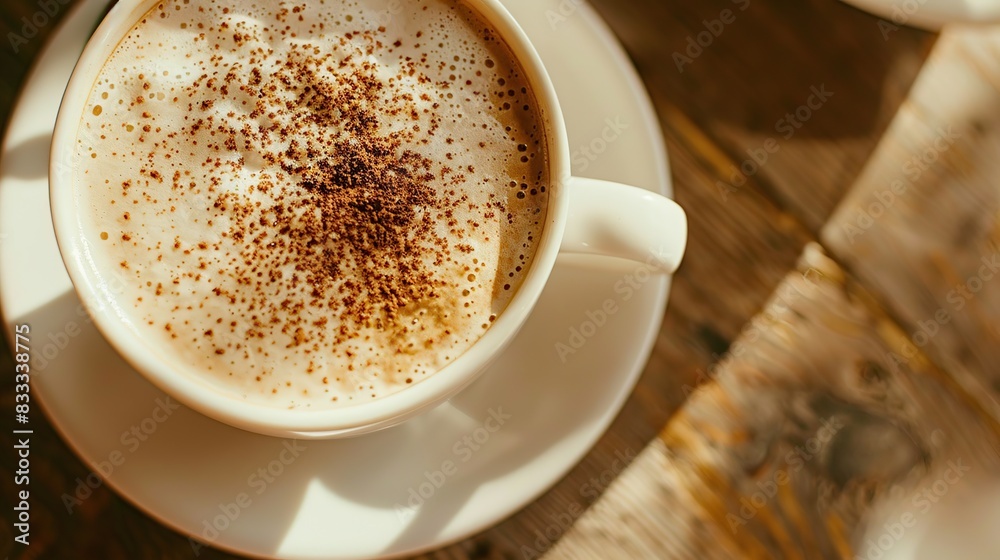 Captured from a top down angle, a creamy cappuccino sits elegantly on a saucer. Generative Ai Captured from a top down angle, a creamy cappuccino sits elegantly on a saucer. Generative Ai
