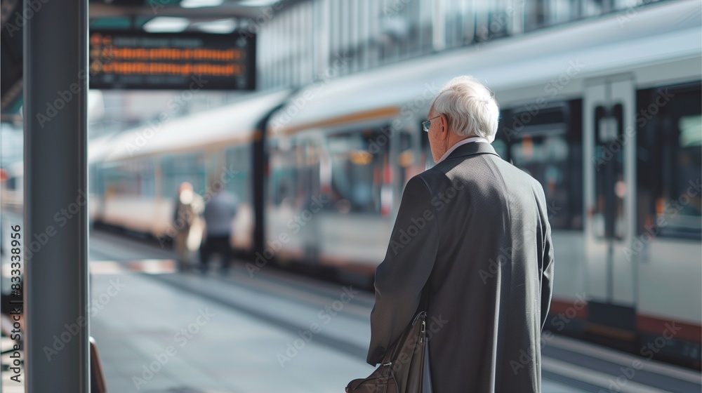 An old man walking in the city street smiling while looking at her phone, wearing a fashionable black coat