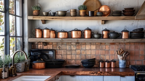 Modern Mediterranean kitchen with open shelving and copper pots
