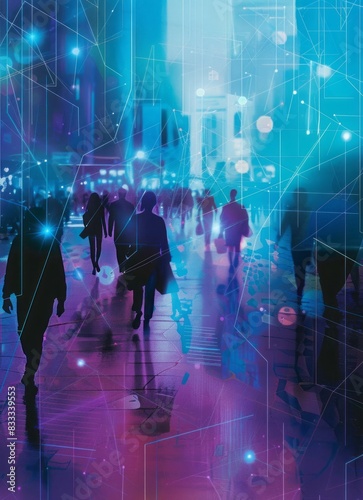 Silhouettes of People Walking in a Smart City Connected by Abstract Dot Point Lines