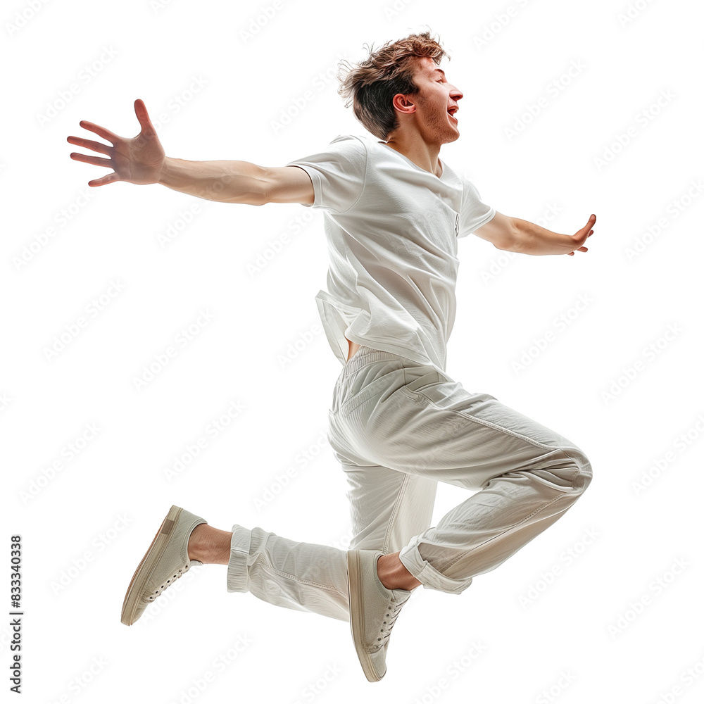 Joyful Young Man Jumping in White Outfit on Transparent Background Joyful Young Man Jumping in White Outfit on Transparent Background