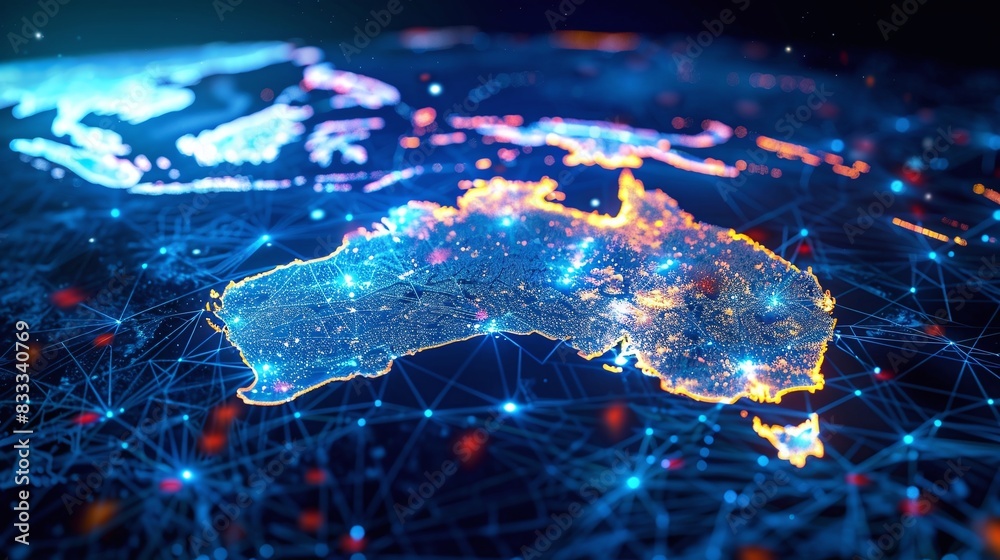 Digital map of Australia, concept of global network and connectivity, data transfer and cyber technology, business exchange, information and telecommunication Digital map of Australia, concept of global network and connectivity, data transfer and cyber technology, business exchange, information and telecommunication