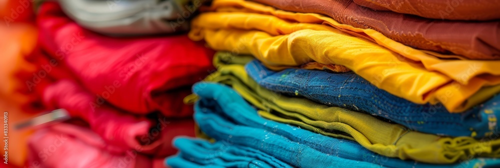 Various colorful clothes neatly piled on top of each other, demonstrating the concept of textile recycling