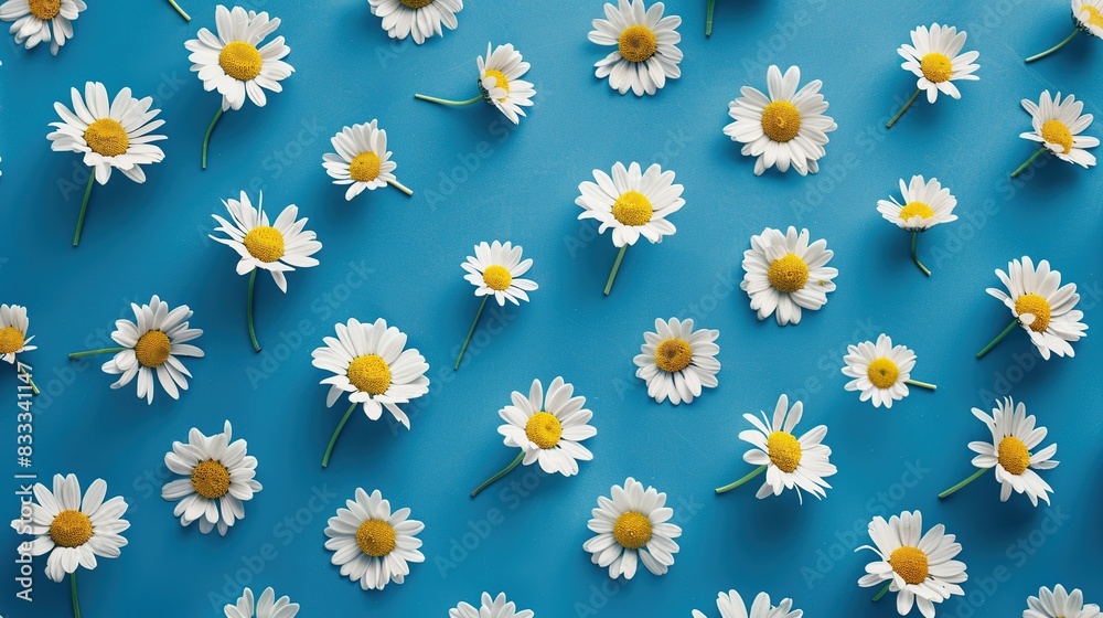 Daisy pattern. Flat lay spring and summer chamomile flowers on a blue background. Generative Ai Daisy pattern. Flat lay spring and summer chamomile flowers on a blue background. Generative Ai