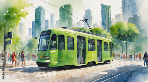 Watercolor illustration of electric green tram, streetcar driving in green city downtown. Eco friendly sustainable public transport 