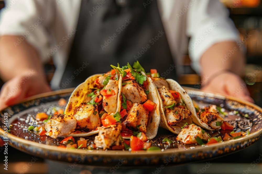 Authentic Mexican Flavors: A Chef Presents a Plate of Mouthwatering Gourmet Tacos, Showcasing the Rich Culinary Heritage of Mexico.