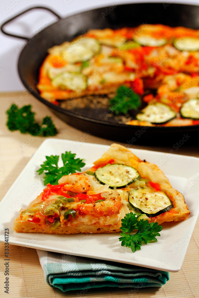 Pizza with vegetables and shrimps. Pizza with vegetables and shrimps.