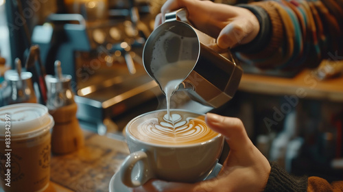 Barista Pouring Latte Art in Coffee Shop