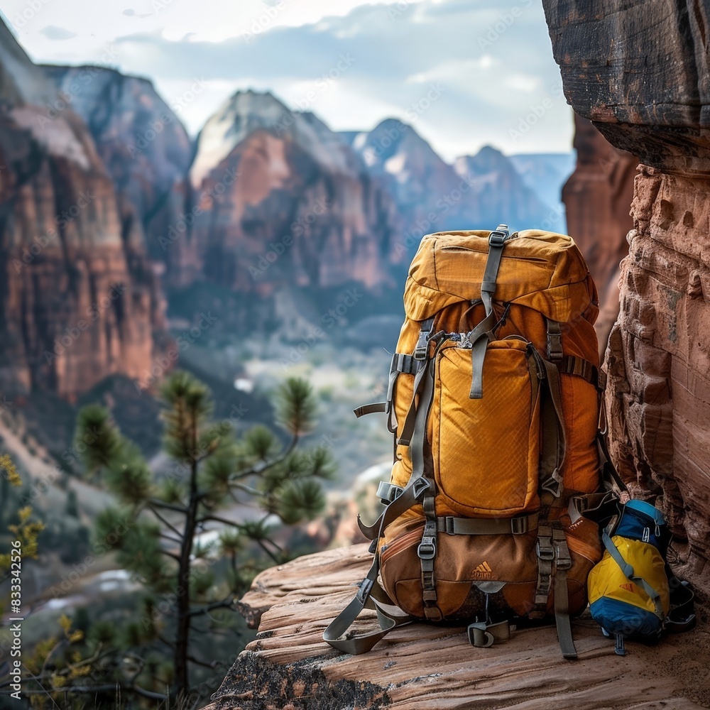 Backpack on rocky ledge with mountain view Backpack on rocky ledge with mountain view