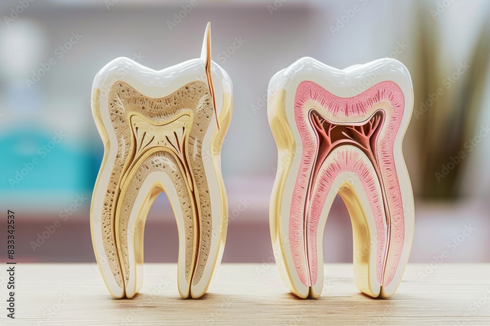 Cross-sectional illustration of a healthy tooth vs. a decayed tooth Cross-sectional illustration of a healthy tooth vs. a decayed tooth