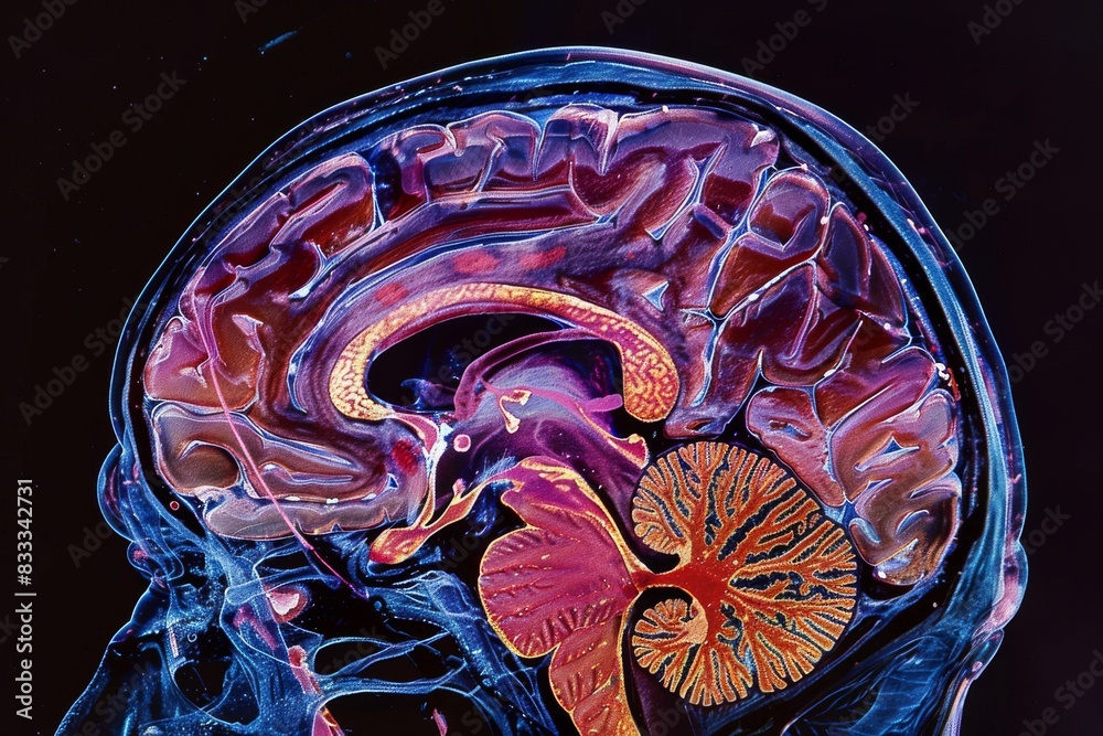 Cross-sectional view of the human brain highlighting areas affected by ...