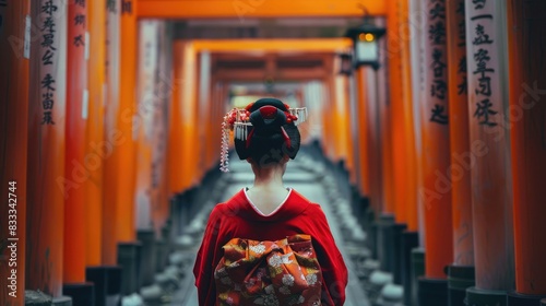 Elegance and Tradition: A Geisha in a Red Kimono Gracefully Posing at Fushimi Inari Shrine, Embracing the Rich Cultural Heritage of Japan.