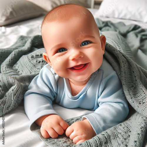 Bebé sonriente acostado sobre una manta en la cama